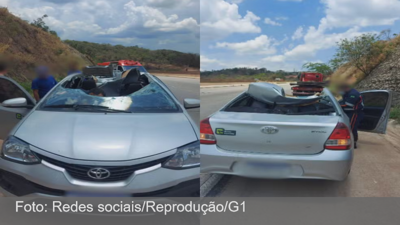 Carro é atingido por objeto não identificado e fica com teto destruído na BR-381 em MG; FOTOS