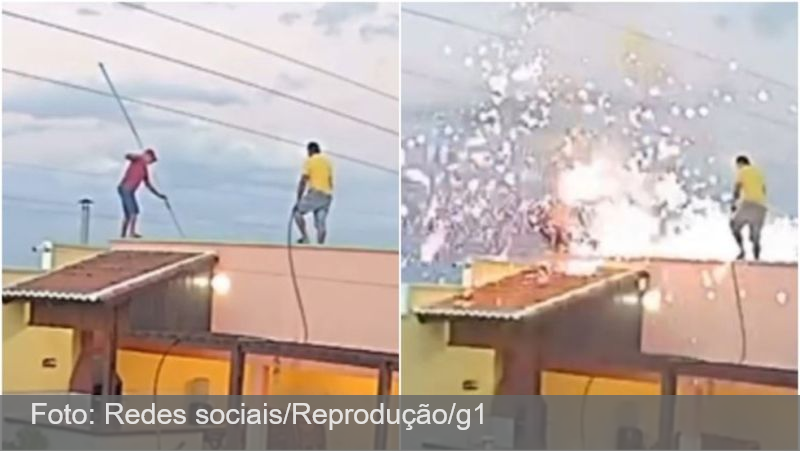 Vídeo: Homem sofre descarga elétrica e cai de telhado após vara encostar em fiação no Ceará