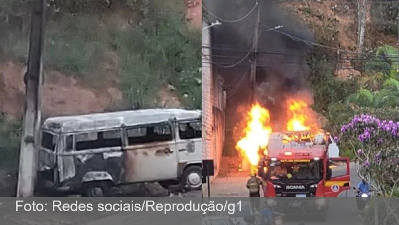 Kombi em chamas desce morro desgovernada e bate em poste em Ubá; VÍDEO