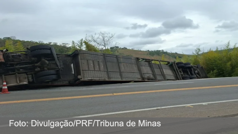 Carreta cegonha que transportava veículos novos tomba na BR-116 em Leopoldina