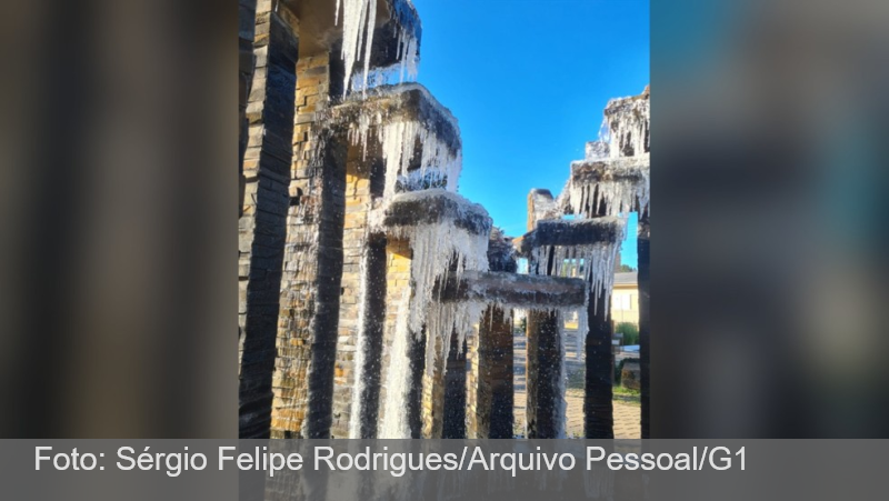 Dia mais frio do ano em Santa Catarina com -8,16ºC tem sincelo e chafariz congelado; VÍDEO