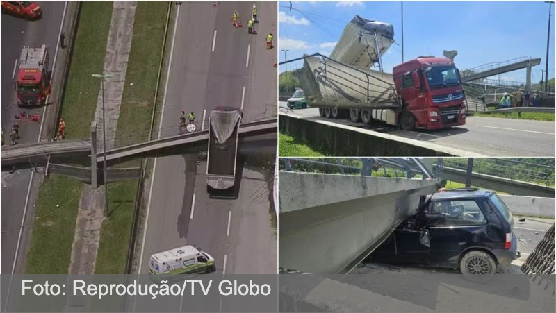 RJ: Caminhão derruba passarela e motorista de carro morre esmagado na BR-116, em Guapimirim
