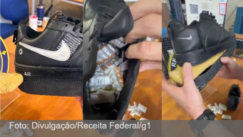 Tênis com formato ‘esquisito’ chama atenção de fiscais e mais de 60 emagrecedores são encontrados na sola do sapato