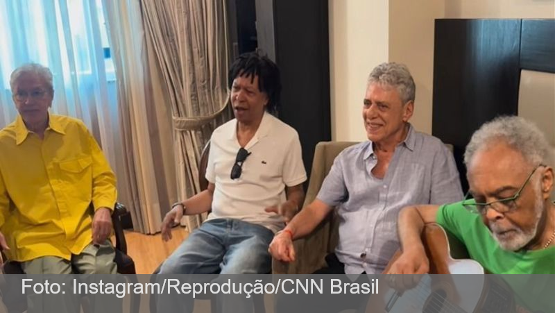 Caetano, Chico, Djavan e Gil cantam juntos antes de ato musical contra a PEC da Blindagem no RJ; veja