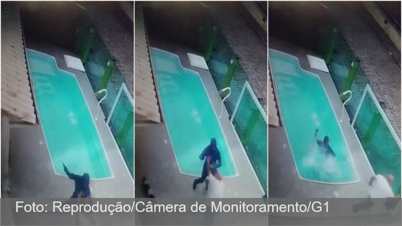 VÍDEO: assaltante é empurrado na piscina e vítima foge após ser rendida em SC