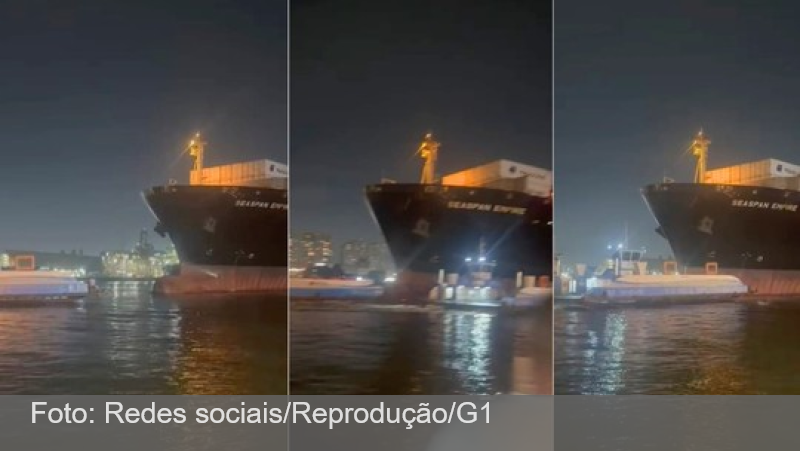Navio porta-contêineres bate em duas balsas no Porto de Santos e tripulantes saltam no mar; VÍDEO
