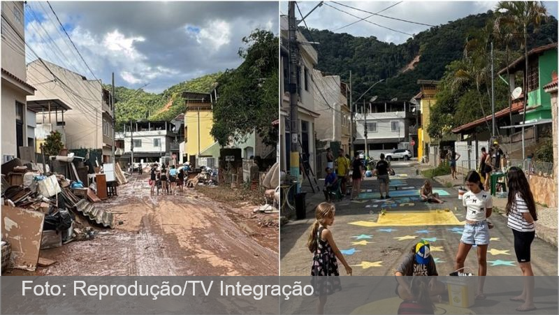 Moradores pintam para a Copa rua que foi destruída pela chuva em Juiz de Fora