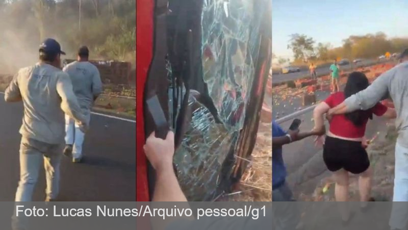 VÍDEO: Trabalhadores retiram gestante e motorista de caminhão tombado com 17 toneladas de tomates na BR-050, em MG